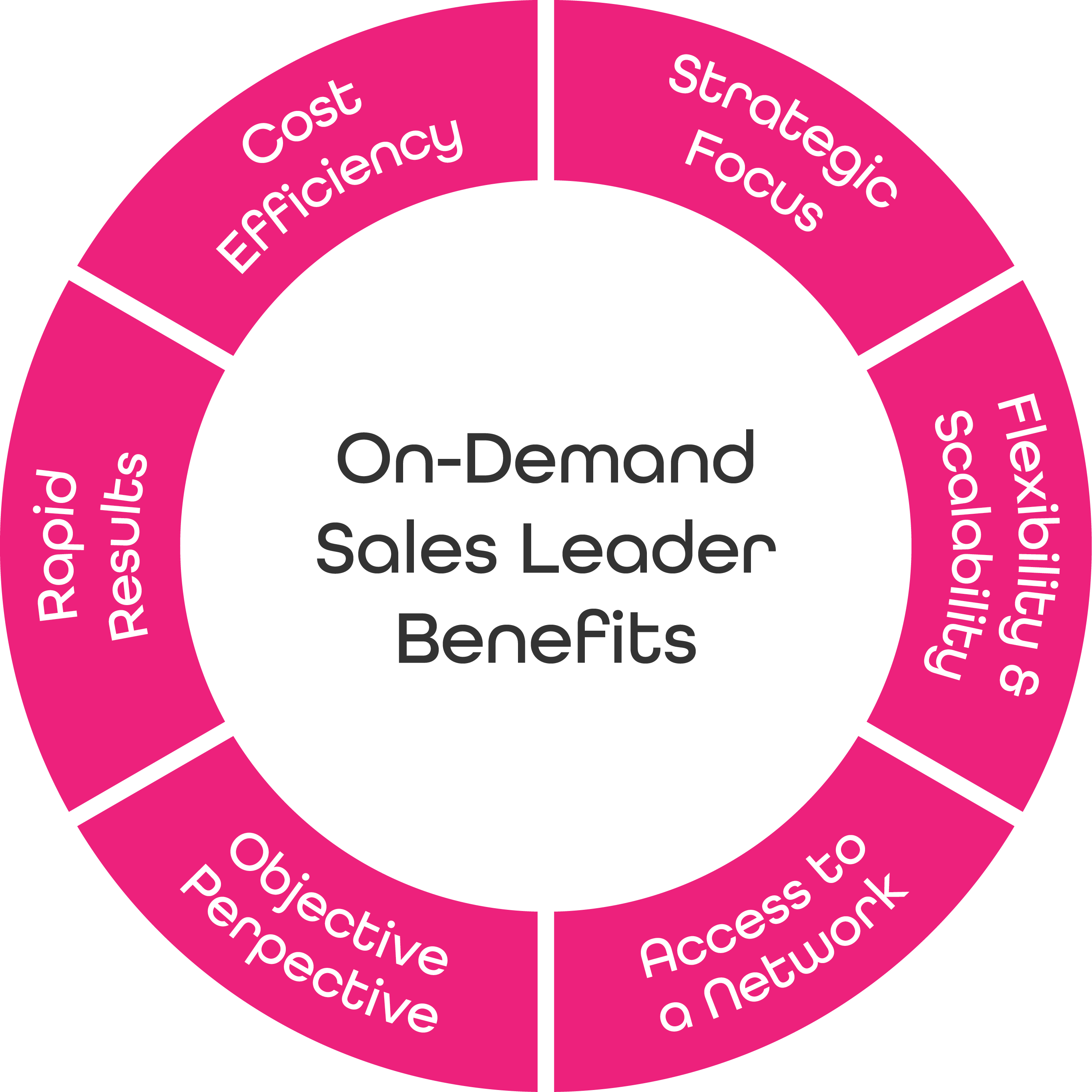 The 6 benefits of using an On-demand sales leader: Cost Efficiency, Strategic Focus, Rapid Results, Flexibility and scalability, Objective Perspective, Access to a Network.<br />
